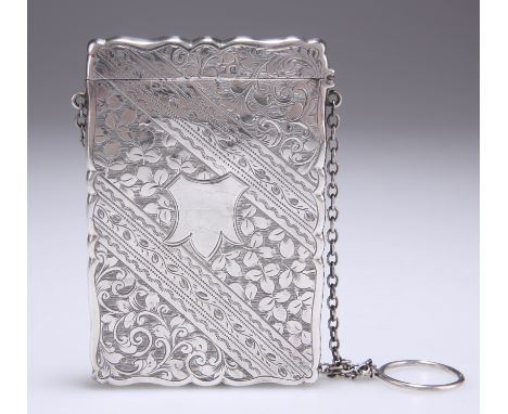 AN EDWARDIAN SILVER CARD CASE,&nbsp;by Frederick Marson, Birmingham 1903, shaped rectangular with hinged cover and chain carr