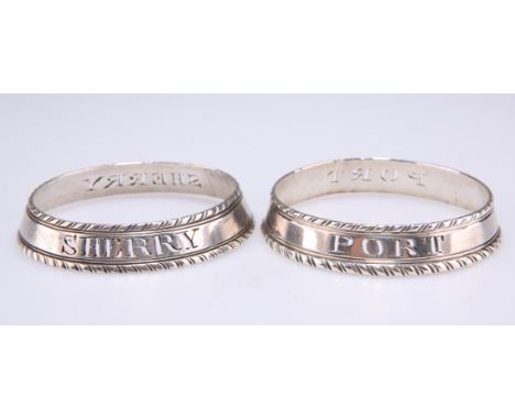 TWO GEORGE III SILVER DECANTER COLLARS, the first, 'SHERRY', by&nbsp;Mary Hyde &amp; John Reily, London 1799; the second, 'PO