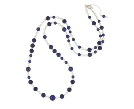 A LAPIS LAZULI, CULTURED PEARL NECKLACE AND AQUAMARINE NECKLACE, carved and round lapis lazuli beads spaced by cultured pearl