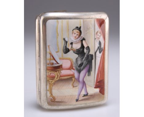 AN EARLY 20TH CENTURY CONTINENTAL SILVER AND ENAMEL CIGARETTE CASE, of rounded rectangular form, shaped for the pocket, the e