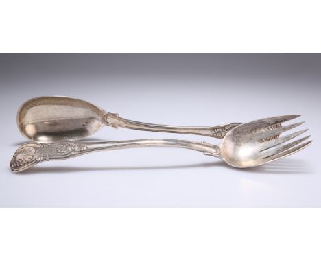 A PAIR OF VICTORIAN SILVER SALAD SERVERS,&nbsp;by&nbsp;Henry John Lias &amp; Henry John Lias, London 1850 and 1855, Kings pat