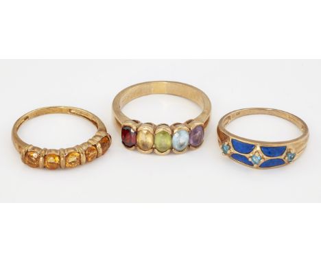 THREE 9CT GOLD GEM-SET RINGS, comprising; A MULTI-GEMSTONE HALF HOOP RING, ring size U; A CITRINE HALF HOOP RING, ring size R