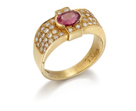 AN 18CT RUBY AND DIAMOND RING, an oval-cut ruby to a pavé-set set diamond shank, total diamond weight 0.45 carat, hallmarked 
