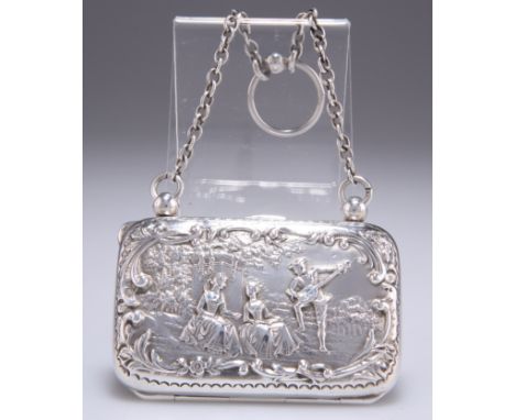 AN EDWARDIAN SILVER PURSE,&nbsp;by Henry Matthews, Birmingham 1903, rounded rectangular, repousse with outdoor scenes depicti