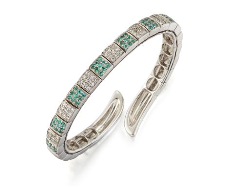 GAVELLO - AN 18CT WHITE GOLD DIAMOND AND BANGLE, square links&nbsp;pavé-set with alternating round brilliant-cut diamonds and
