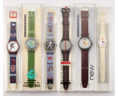 SIX ASSORTED SWATCH WATCHES,&nbsp;comprising two Automatic 38mm strap watches, three 35mm quartz strap watches, one 25mm stra