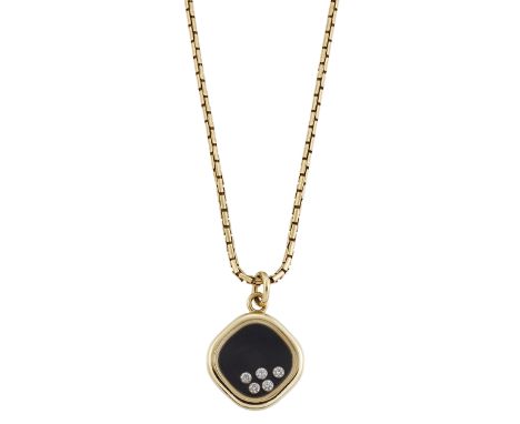 CHOPARD - AN 18CT GOLD DIAMOND AND ONYX HAPPY DIAMONDS NECKLACE ON CHAIN, the lozenge-shaped pendant with five floating round