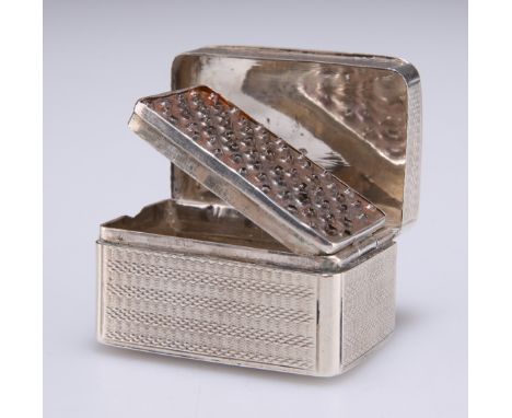 A WILLIAM IV SILVER NUTMEG GRATER,&nbsp;by&nbsp;Joseph Willmore, Birmingham 1832, rectangular, with engine-turned ground, eng