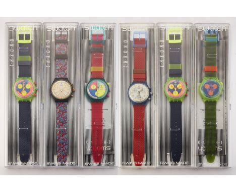 A GROUP OF SIX ASSORTED SWATCH CHRONOGRAPH WATCHES,&nbsp;assorted 38mm Swatch Chronographs complete with boxes and guarantees