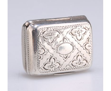 A WILLIAM IV SILVER VINAIGRETTE,&nbsp;by William Simpson, Birmingham 1834, rounded rectangular, hinged, the cover engraved wi