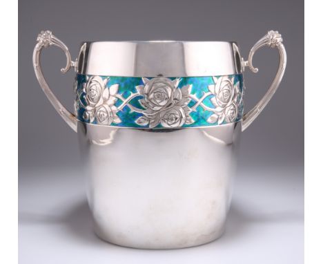 A LARGE GERMAN ART NOUVEAU SILVER-PLATED AND ENAMEL ICE BUCKET, by&nbsp;Wurttembergische Metallwarenfabrik (WMF), barrel-shap