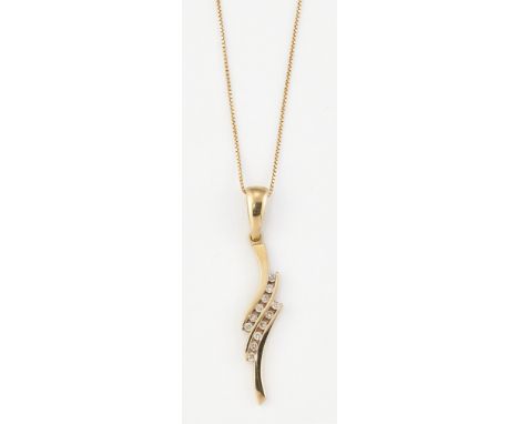 A DIAMOND PENDANT ON CHAIN, the scroll pendant channel-set with rows of round brilliant-cut diamonds, total estimated diamond
