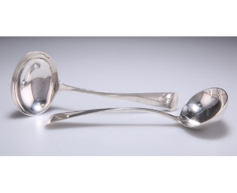 A PAIR OF GEORGE III SILVER SAUCE LADLES,&nbsp;by Thomas Dicks, London 1810, Old English pattern, oval bowls, the handle term