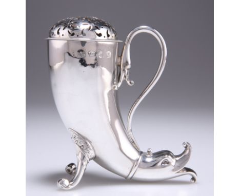 A VICTORIAN SILVER CASTER,&nbsp;by Henry Matthews, Birmingham 1894, as a cornucopia with stylised bird head terminal and bird