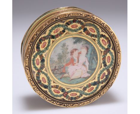 AN 18TH CENTURY GOLD-MOUNTED VERNIS MARTIN SNUFF BOX, circular, the pull-off cover with a boy and girl in a roundel, within a
