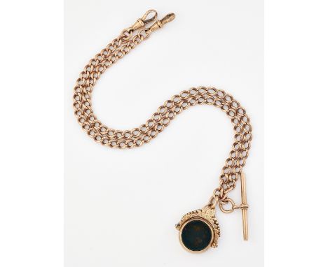 A VICTORIAN 9CT ROSE GOLD CURB LINK ALBERT, with two clips and a T-bar, and suspending a hardstone swivel fob, T-bar hallmark