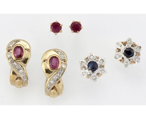 THREE PAIRS OF GEM-SET EARRINGS, comprising; A PAIR OF 9CT GOLD RUBY AND DIAMOND FANCY HOOP EARRINGS; A PAIR OF 9CT GOLD SOLI