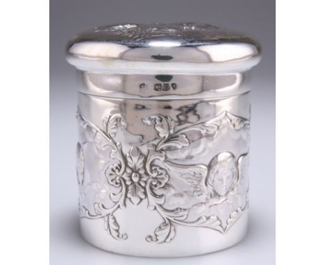 A VICTORIAN SILVER JAR AND COVER,&nbsp;by&nbsp;William Gibson &amp; John Lawrence Langman, London 1895, cylindrical with bun-