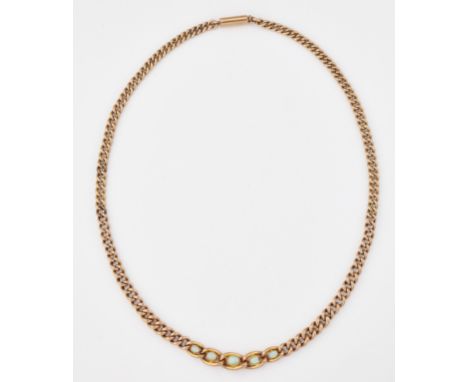 A ROSE GOLD OPAL NECKLACE, graduated oval opals within curb links, to a tapering chain, marked '9C'. Length 38cm, 9.1 gramsCO