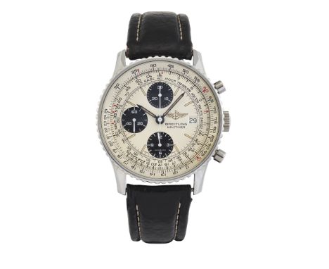 A GENTS STEEL BREITLING NAVITIMER STRAP WATCH,&nbsp;circular silver dial with black chronograph subsidiary dials at 6/9/12 o'