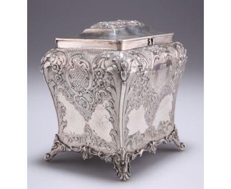 A LARGE VICTORIAN SCOTTISH SILVER TEA CADDY,&nbsp;by John Muirhead &amp; Son, Glasgow 1859, of bombe form, boldly chased with