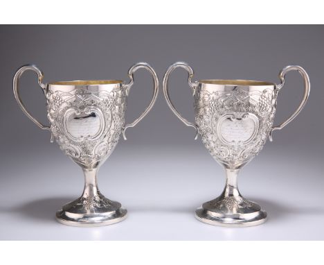 A PAIR OF GEORGE III IRISH SILVER TWO-HANDLED CUPS, by Daniel Egan, Dublin 1807, retailed by Clarke & West, repousse with fru