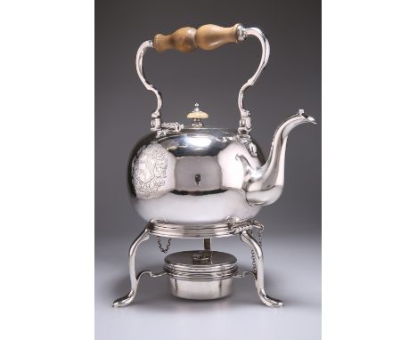 A GEORGE I SILVER KETTLE ON STAND,&nbsp;by Gabriel Sleath, London 1724, melon shaped, the flush side-hinged cover with ivory 