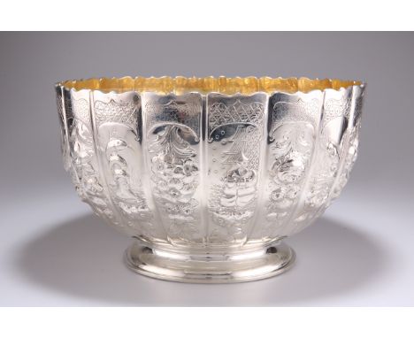 A LARGE VICTORIAN SILVER 'CHINOISERIE' PUNCH BOWL,&nbsp;by&nbsp;Francis Boone Thomas, London 1890, circular, with stepped spr