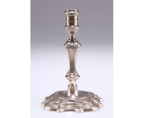 A GEORGE II SILVER TAPERSTICK,&nbsp;London 1747, lacking maker's mark, with knopped stem and shaped square base, scratched 'I