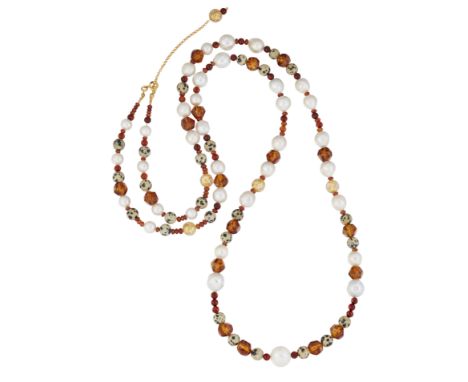 A CULTURED PEARL AND GEMSTONE BEAD NECKLACE, round and baroque cultured pearls spaced by japser, amber and Murano glass beads