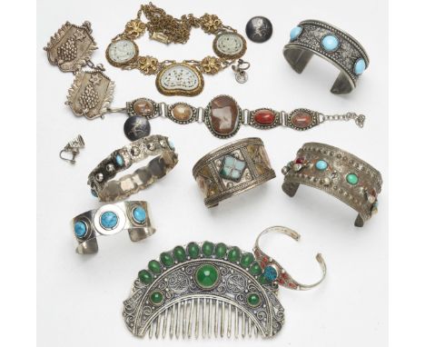 A GROUP OF MIDDLE EASTERN, ORIENTAL AND OTHER JEWELLERY,&nbsp;including; VARIOUS HARDSTONE SET BANGLES; FOUR MALACHITE BANGLE