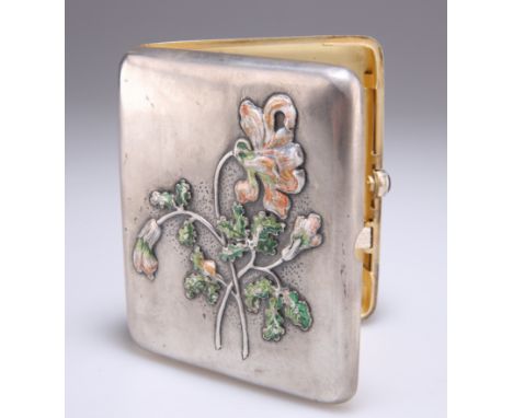 A RUSSIAN SILVER AND ENAMEL CIGARETTE CASE, 84 Zolotnik, Moscow, the hinged front embossed and enamelled with a stylised flor