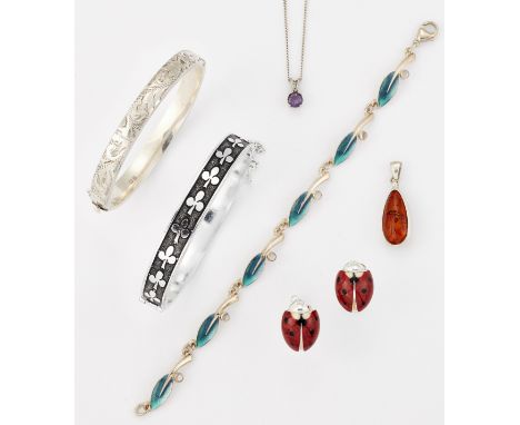 A GROUP OF JEWELLERY, comprising; A SHEILA FLEET SILVER ENAMEL AND MOONSTONE BRACELET, as enamelled leaf links each set with 