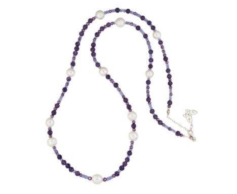 A CULTURED PEARL AND GEMSTONE BEAD NECKLACE, off-round cultured pearls spaced by faceted amethyst, tanzanite and purple coate