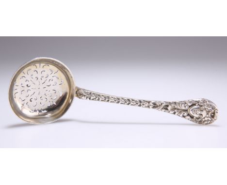 A VICTORIAN SILVER SIFTING LADLE,&nbsp;by Henry William Curry, London 1874, cast with the face of a maiden to the terminal, t