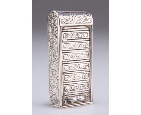 A VICTORIAN SILVER NOVELTY SNUFF BOX, by George Unite, Birmingham 1859, in the form of a tambour-fronted cabinet. 5.3cmCONDIT