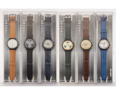 SIX ASSORTED SWATCH CHRONOGRAPH WATCHES,&nbsp;with 38mm cases on leather strapsThe absence of a Condition Report does not imp