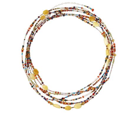 AN IMPRESSIVE GEMSTONE BEAD NECKLACE,&nbsp;oval amber beads spaced by cultured pearls and faceted and polished tourmaline, pe