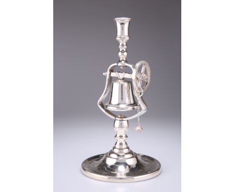 A VICTORIAN SILVER-PLATED TAVERN SERVICE CANDLESTICK, CIRCA 1885, the bell rung by a wheel and chain, Rd. No. 639461. 29.5cm 