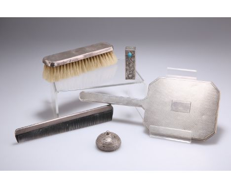 A GROUP OF SILVER-PLATE AND SILVER,&nbsp;comprising:&nbsp;AN 800 STANDARD SILVER LIPSTICK CASE, the rectangular case with fol