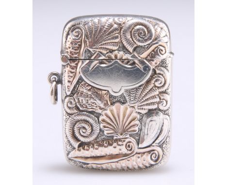 A RARE VICTORIAN SILVER VESTA CASE, by Jabez Hodgetts, Birmingham 1895, chased with seashells and a vacant cartouche. 4.6cm h