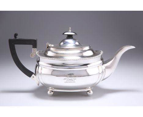 A GEORGE V SILVER TEAPOT, by C S Harris & Sons Ltd, London 1927, rounded rectangular with lobed corners, gadrooned rim to sho