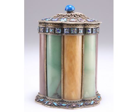 A CHINESE SILVER-GILT, JADE AND ENAMEL CADDY, 19TH CENTURY, French import marks, of lobed circular section, the filigree cove