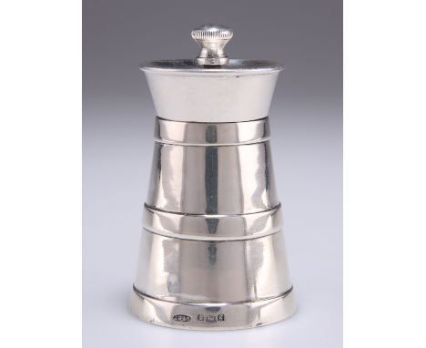 AN EDWARDIAN SILVER PEPPER MILL,&nbsp;by John Grinsell &amp; Sons,&nbsp;Birmingham 1906, of churn form. 8.3cm highThe absence