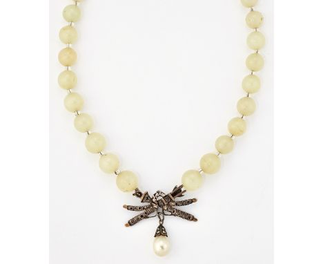 A NECKLACE, formed of a 19th Century diamond set crossed torch and quiver motif, suspending a later simulated pearl and diamo