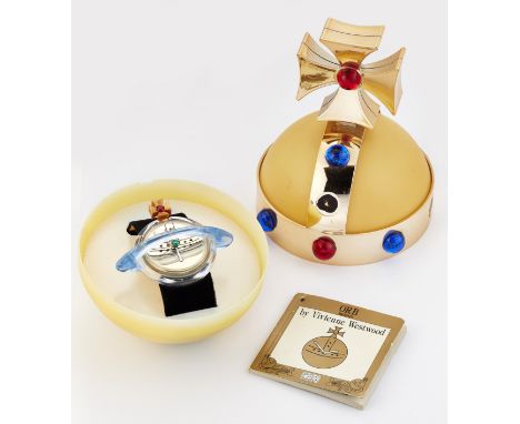 A VIVIENNE WESTWOOD ORB SWATCH STRAP WATCH,&nbsp;a Pop Swatch on black velvet strap in original box with an accompanying unst