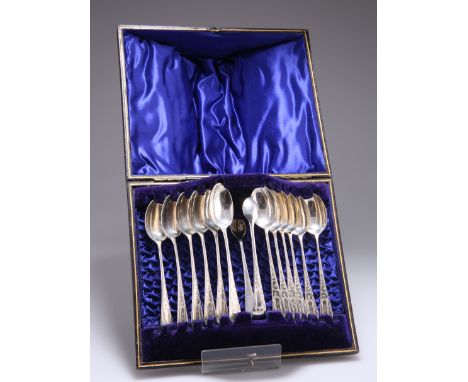 A GOOD SET OF TWELVE VICTORIAN SILVER TEASPOONS AND A PAIR OF SUGAR TONGS,&nbsp;by&nbsp;George Guirren Rhoden, Sheffield 1898