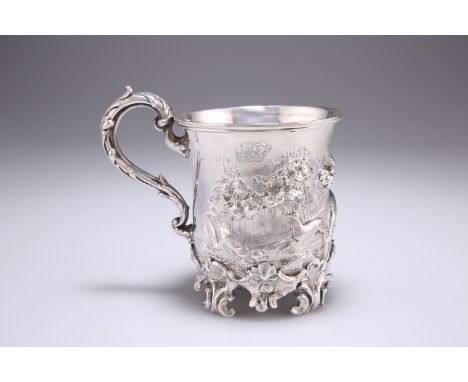 AN EARLY VICTORIAN SILVER MUG,&nbsp;by John Edward Terry,&nbsp;London 1844, with leaf-capped scroll handle and scroll feet, b