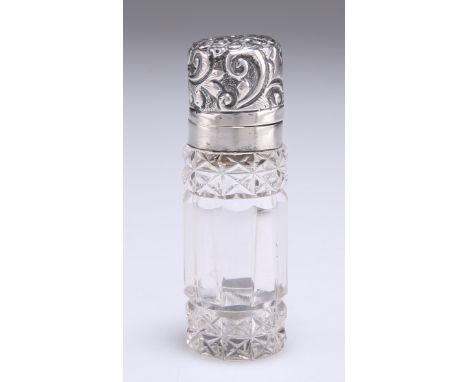 A VICTORIAN SILVER-CAPPED PERFUME BOTTLE,&nbsp;by Arthur Willmore Pennington, Birmingham 1899, cylindrical, the hinged cover 