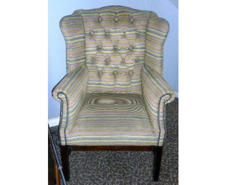 *Georgian style wingback easy arm chair with deep buttoned back, covered in striped fabric, together with a Georgian style 2 